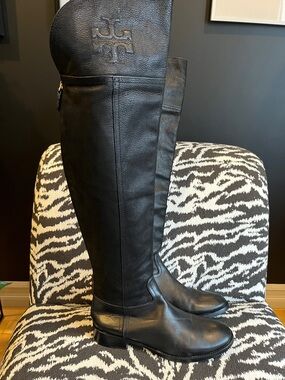 Tory Burch Black Leather Over-the-Knee Riding Boots with Embossed Logo